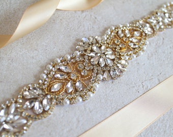 Gold or Rose gold Bridal Crystal, Pearl sash. Rhinestone Applique Wedding Belt. Silver Bride Sash. CALLISTA