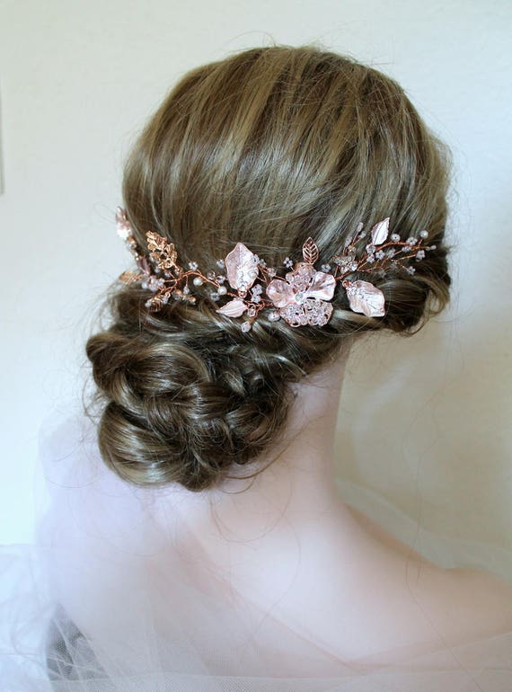 Rose Gold Pearl Crystal Bridal Hair Vine Wedding Headpiece Floral Headband Amazon.com : Kercisbeauty Wedding Pink Crystal Pearl Rose  main image 3