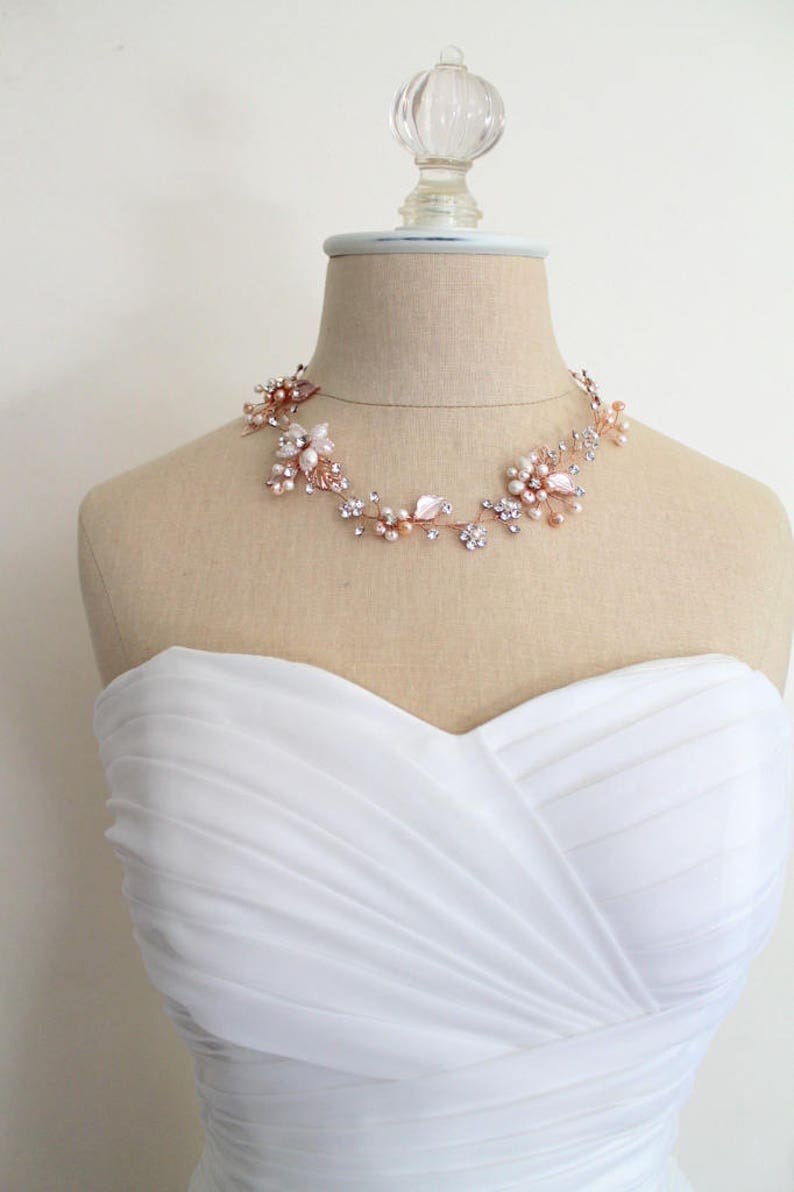 Rose Gold Bridal Freshwater Pearl Vine Necklace. Flower Etsy