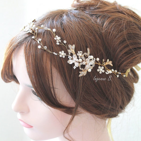 SALE. Gold or Rose gold Leaf Vine Bridal Headpiece. Boho Silver Crystal Pearl Wedding Wreath Hairpiece. Rhinestone Floral Headband. TEREZ