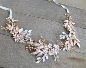 Gold Champagne Opal Crystal Boho Sash. Leaf Vine Flower Wedding Sash. Rhinestone Rustic Belt. AMBER