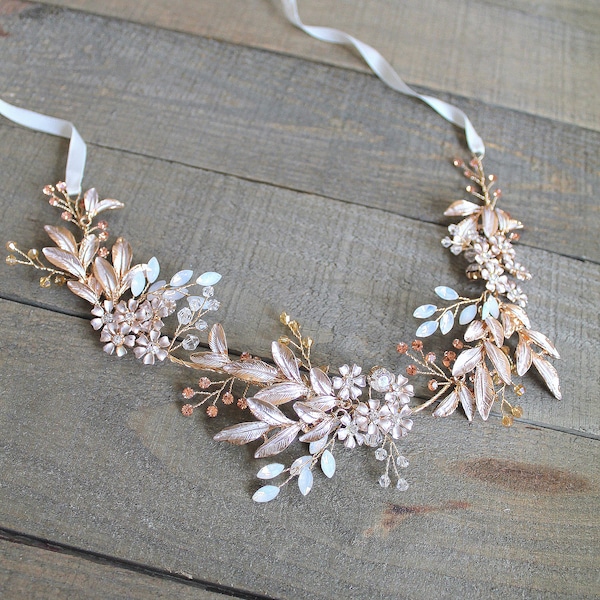 Gold Champagne Opal Crystal Boho Sash. Leaf Vine Flower Wedding Sash. Rhinestone Rustic Belt. AMBER