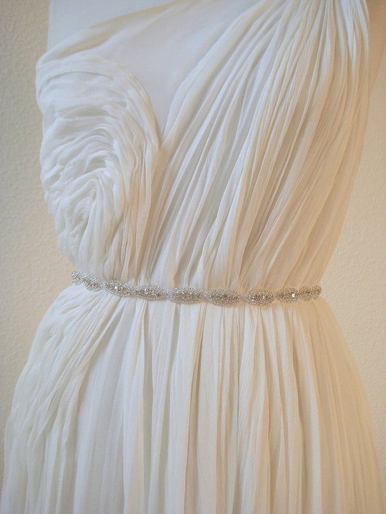 Bridal Silver Oval Crystal Sash. Beaded Rhinestone Ribbon Wedding Dress Belt. Bridesmaid Sash. Thin Slim All Around Plus Size Belt. CLAIRE image 2