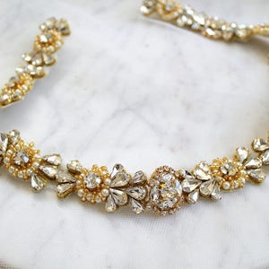 Rose gold or Gold Crystal Pearl Medallion Bridal Belt. Luxury Beaded Rhinestone Wedding Dress Sash. Bride Thin Belt. Beaded Applique. ELIE image 5
