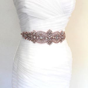Rose gold Bridal Crystal Sash. Wide, Thick Rhinestone Pearl Luxury Wedding Dress Belt. Blush Pink Glam Bride Sash. image 5