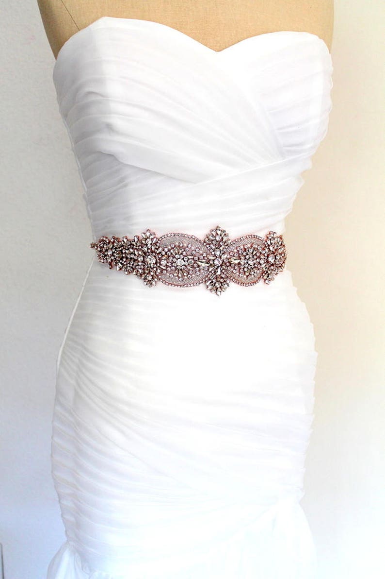 Rose gold Bridal Crystal Sash. Wide, Thick Rhinestone Pearl Luxury Wedding Dress Belt. Blush Pink Glam Bride Sash. image 5