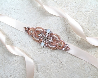 Rose gold Bridal Crystal Opal Sash. Gold Rhinestone Pearl Applique Wedding Belt. Champagne, Blush, Pink Bridal Sash.