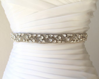 Silver Crystal Bridal Sash.  Swarovaki Rhinestone Wedding Belt.  CONSTANCE