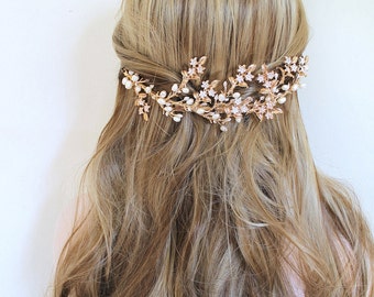 Gold Leaf Vine Boho Bridal Headpiece.  Freshwater Pearl Flower Hair Piece. Nature Inspired Bohemian Hair Comb.