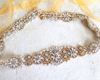 30% OFF. Gold Bridal Crystal Sash. Rose gold Rhinestone Pearl Applique Wedding Dress Belt 27 inches. ETUDES