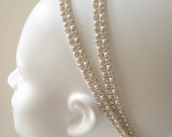 Bridal beaded Czechoslovakia crystal/ivory pearl headband. Rhinestone wedding headpiece.  CREAM & SPARKLE