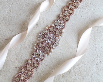 Rose gold Bridal Crystal Pearl Sash. 24" Luxury Rhinestone Applique Wedding Dress Belt. Blush, Pink Bridal Trim. VINTAGE MODE II