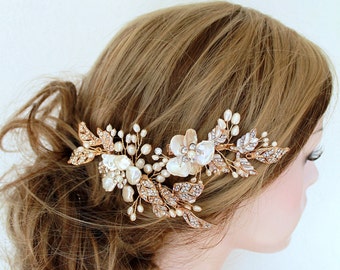 Gold Bridal Freshwater Pearl Hair Vine Comb Set. Flower Crystal Boho Leaf Headpiece. Mother Of Pearl Wedding Hair Clip, Pin, Tiara. JANE