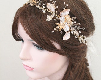 Gold, Silver or Rose gold Leaf Vine Bridal Headpiece. Blush Boho Delicate Crystal Pearl wedding Wreath, Headband. Rhinestone Hairpiece. BEA