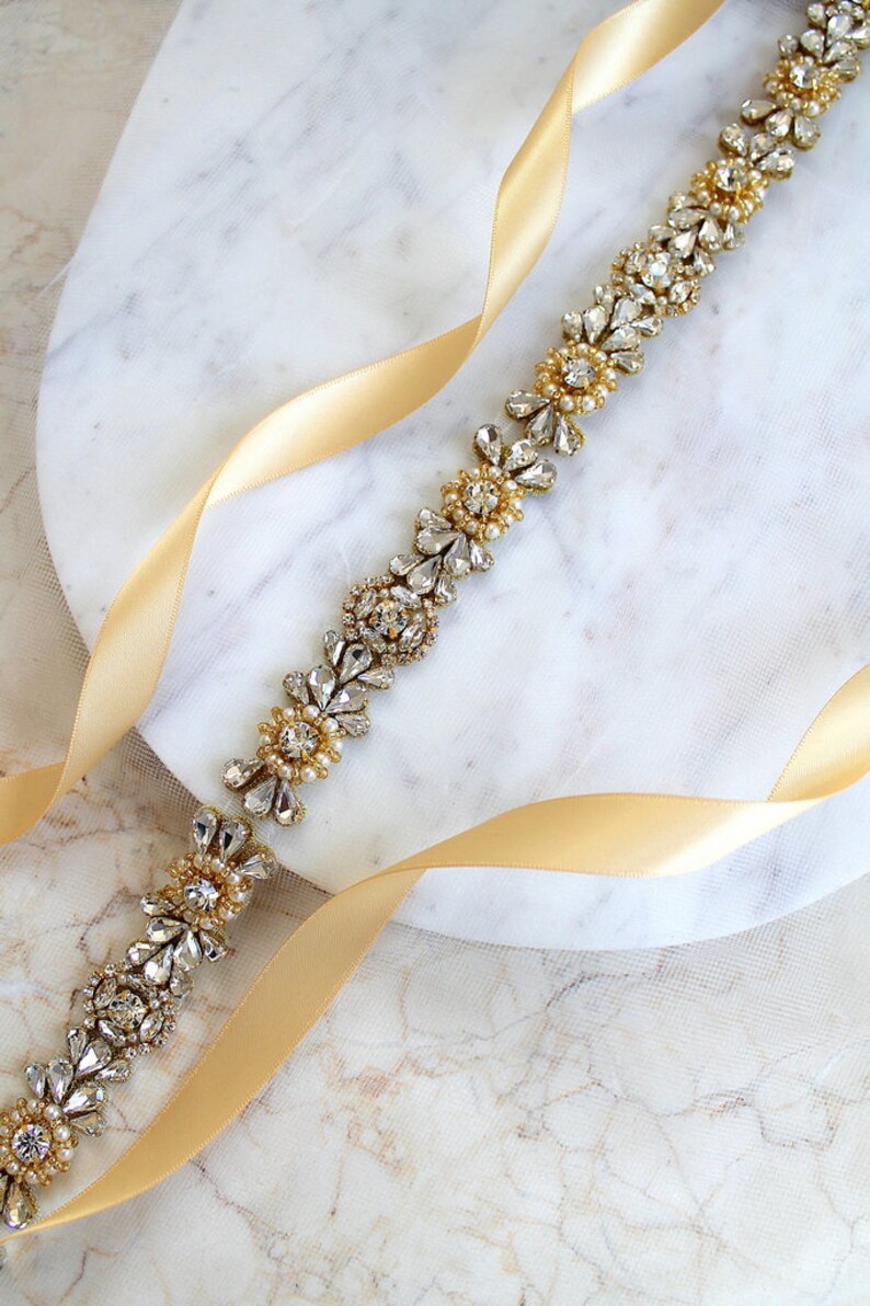 Rose gold or Gold Crystal Pearl Medallion Bridal Belt. Luxury Beaded Rhinestone Wedding Dress Sash. Bride Thin Belt. Beaded Applique. ELIE image 4