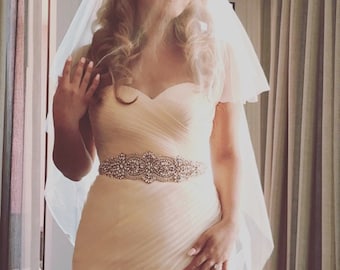 Rose gold Bridal Crystal Sash. Wide, Thick Rhinestone Pearl Luxury Wedding Dress Belt.  Blush Pink Glam Bride Sash.