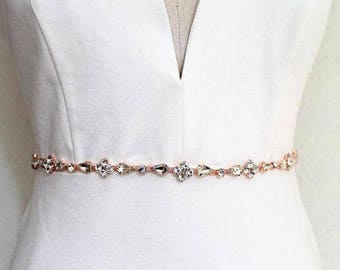 Bridal Thin Rose gold Crystal Flower Belt. Blush Rhinestone Jewel Wedding Dress Sash. Dainty Gold Bridesmaid Delicate Slim Belt.DARIA