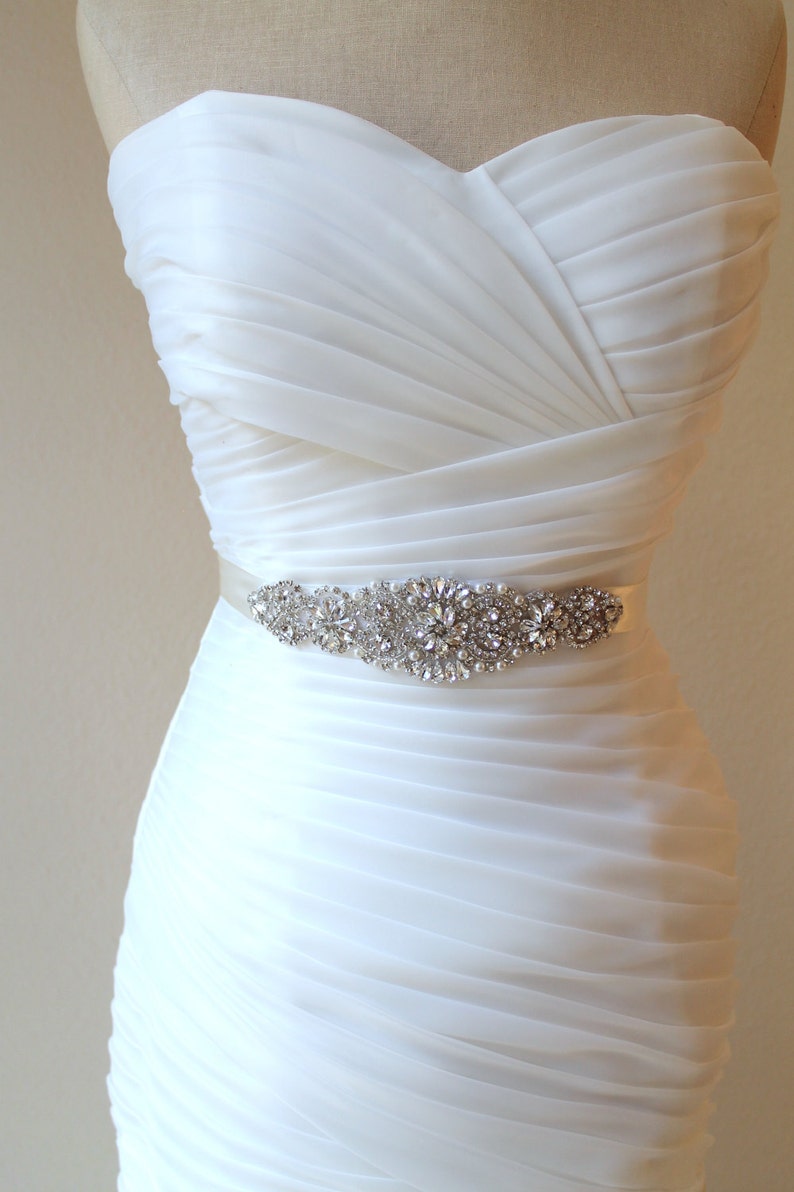 Silver Bridal Crystal Sash. Rhinestone Pearl Applique Wedding | Etsy