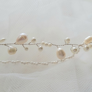 Bridal Freshwater Pearl Hair Vine. Gold or Silver Delicate Wedding Leaf Wreath, Halo. Minimalist Bride Headpiece, Tiara Crown Headband. JUNE image 9