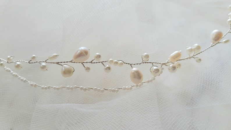 Bridal Freshwater Pearl Hair Vine. Gold or Silver Delicate Wedding Leaf Wreath, Halo. Minimalist Bride Headpiece, Tiara Crown Headband. JUNE image 9