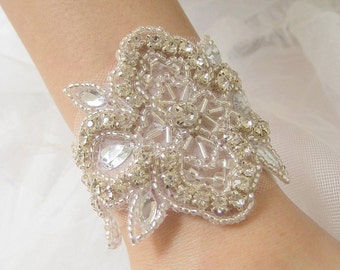 Bridal beaded elegant crystal bracelet.  Vintage style rhinestone applique wedding bracelet.  French Deco