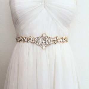 Gold Bridal Sash: Opal Crystal Rhinestone Wedding Dress Belt