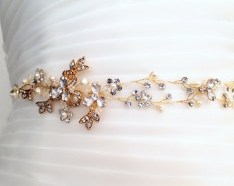 SALE. Gold Leaf Vine Pearl Delicate Sash. Bridal Crystal Flower Rose gold Wedding Belt. Boho Silver Wire Rhinestone Bridal Sash. EUGENIA