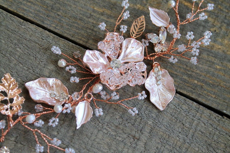 Rhinestone Pink Floral Rustic Hairpiece Blush Boho Crystal Pearl Wedding Wreath Headband Rose gold or Gold Leaf Vine Bridal Headpiece BEA
