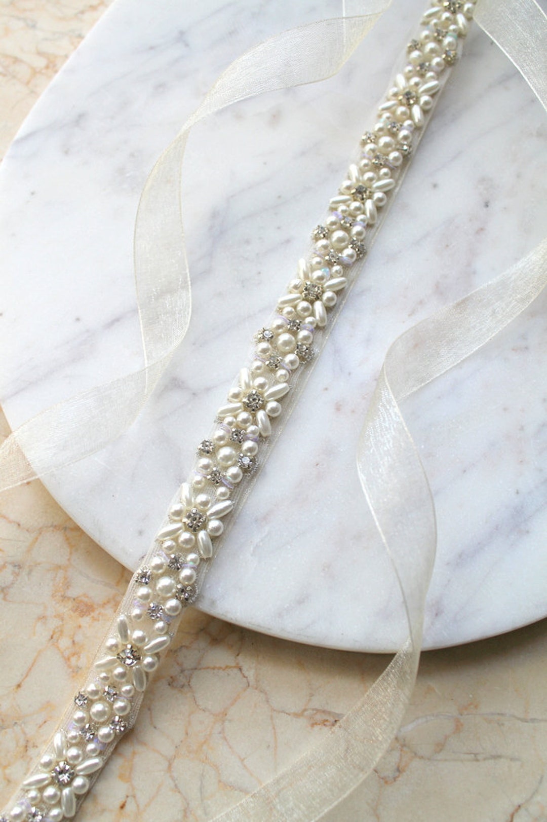 Ivory Pearl Thin Beaded Bridal Sash. Crystal Silver Elegant All Around ...