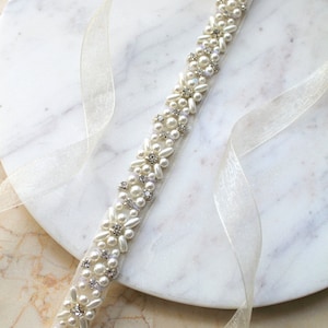 Ivory Pearl Bridal Sash: Rhinestone Flower Wedding Dress Belt