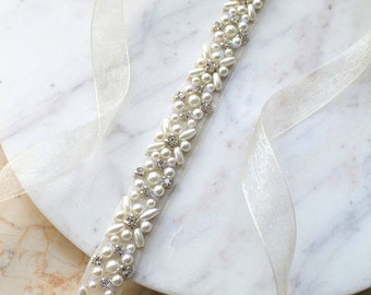 Ivory Pearl Thin Beaded Bridal Sash. Crystal Silver Elegant All Around Delicate Wedding Dress Belt. Rhinestone Flower Tulle Applique Trim.