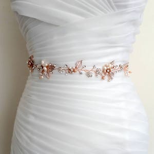 Rose Gold Braut Schärpe: Süßwasser Perle Blattranke, Strass Hochzeit Gürtel