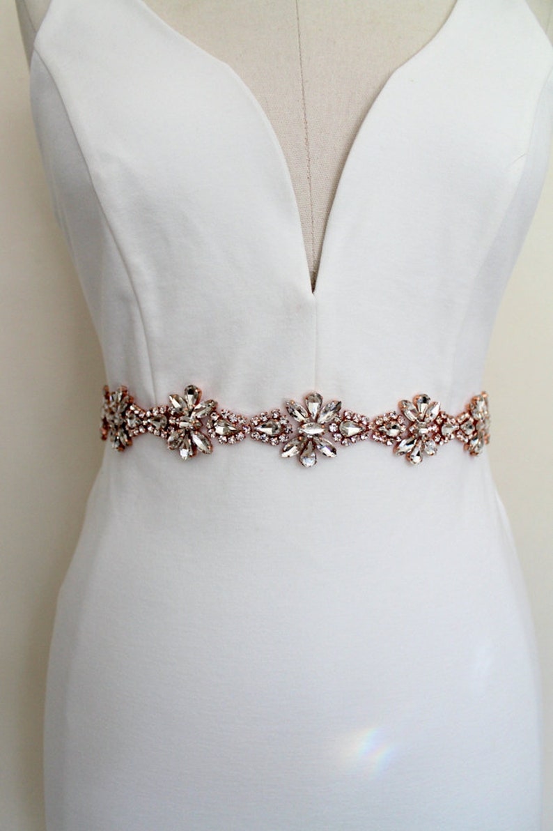 Luxury Glam Rose gold Crystal All Around Bridal Belt. Silver Rhinestone Wedding Dress Sash. Beaded Applique Trim Sash. CRYSTALLINE image 4