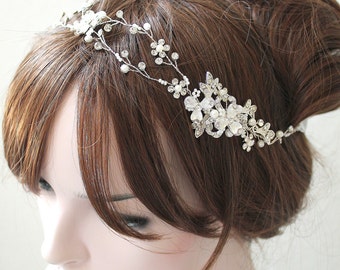 Braut Perlen-Kopfstück Mit Blattgold-Blüten – Stirnband Für Hochzeit, Boho-Look, Gold