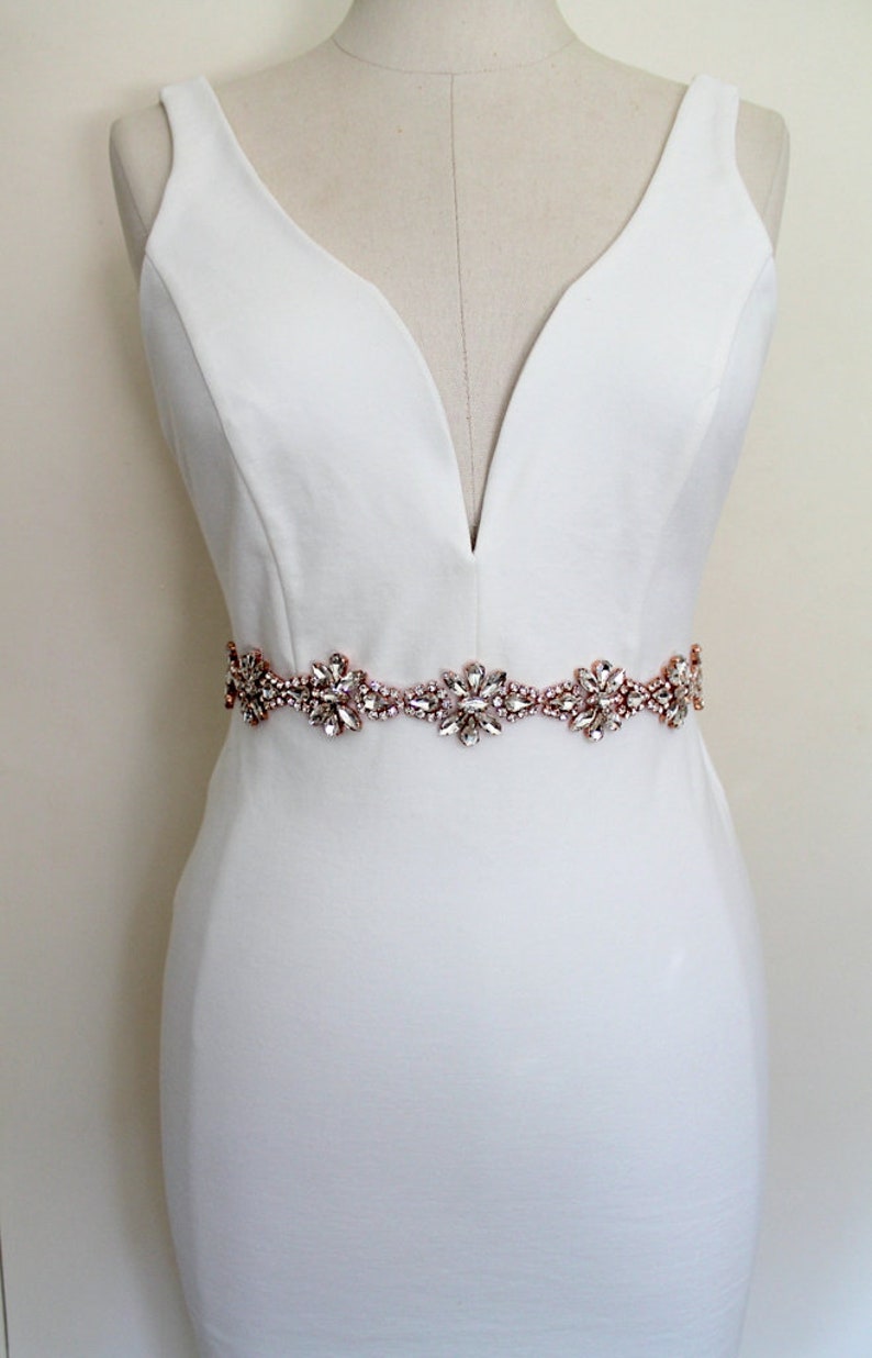 Luxury Glam Rose gold Crystal All Around Bridal Belt. Silver Rhinestone Wedding Dress Sash. Beaded Applique Trim Sash. CRYSTALLINE image 2