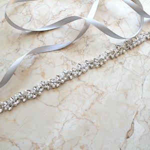 Silver Beaded Pearl Crystal Bridal Sash. All Around Thin Slim Gold Wedding Dress Belt. Rose gold Bridesmaid Rhinestone Leaf Trim. MICHEL image 4