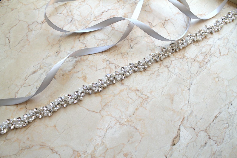 Silver Beaded Pearl Crystal Bridal Sash. All Around Thin Slim Gold Wedding Dress Belt. Rose gold Bridesmaid Rhinestone Leaf Trim. MICHEL image 4