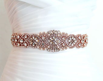 Rose gold Bridal Crystal Pearl Sash. 31" Luxury Rhinestone Applique Wedding Dress Belt. Blush, Pink Bridal Trim. VINTAGE MODE II