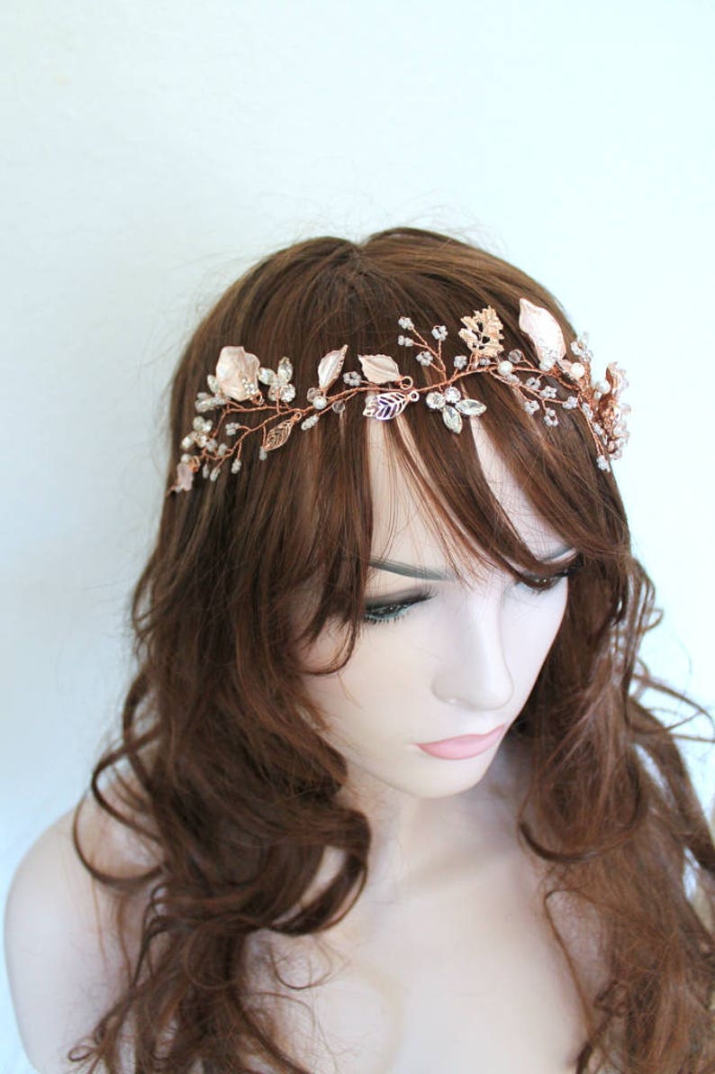 Rhinestone Pink Floral Rustic Hairpiece Blush Boho Crystal Pearl Wedding Wreath Headband Rose gold or Gold Leaf Vine Bridal Headpiece BEA