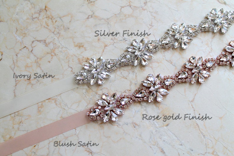 Luxury Glam Rose gold Crystal All Around Bridal Belt. Silver Rhinestone Wedding Dress Sash. Beaded Applique Trim Sash. CRYSTALLINE image 9