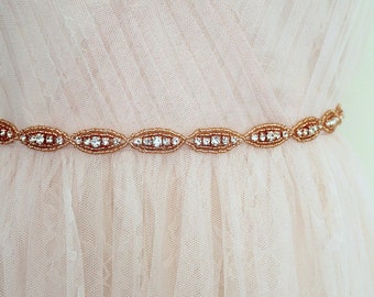 Rose gold Oval Slim Crystal Bridal Sash. Beaded Rhinestone Ribbon Wedding Dress Belt. Thin Bridesmaid/ Bridal Party Trim Sash. CLAIRE ROSE