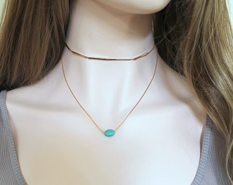 Gold Layered Delicate Necklace Set. Double Strand Gold Chain Turquoise Tube Choker. Dainty, Simple, Minimalist Necklace.