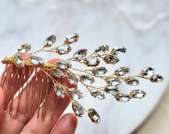 Gold Bridal Crystal Hair Comb. Silver Wedding Hair Piece. Rhinestone Leaf Vine Headpiece. Diamante Marquis Crystal Hair Jewelry.