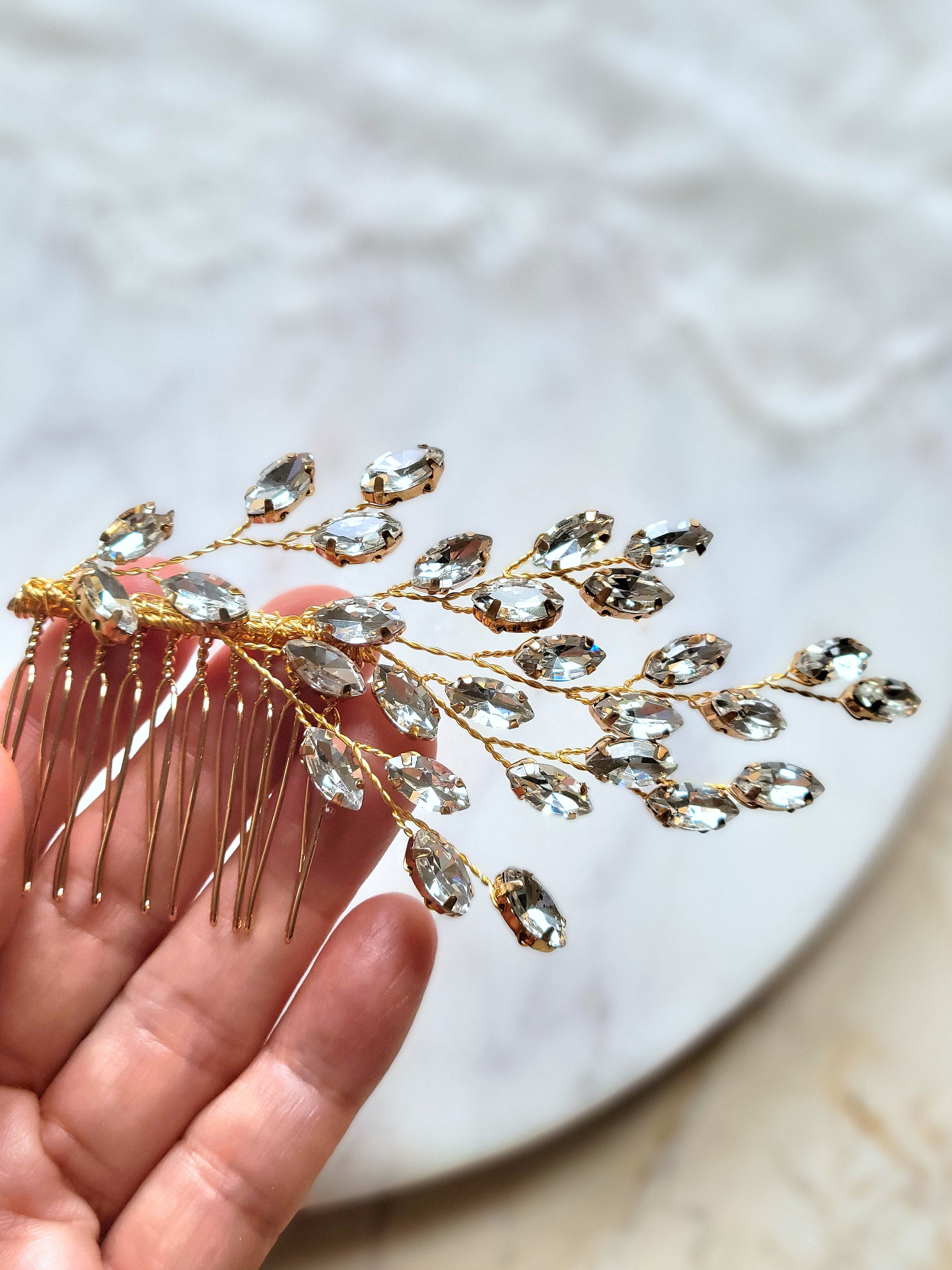 Large Crystal Leaf Vine Rhinestone Hair Comb Je Amazon.com : BETITETO Crystal Bridal Hair Comb Wedding Gold  main image 3