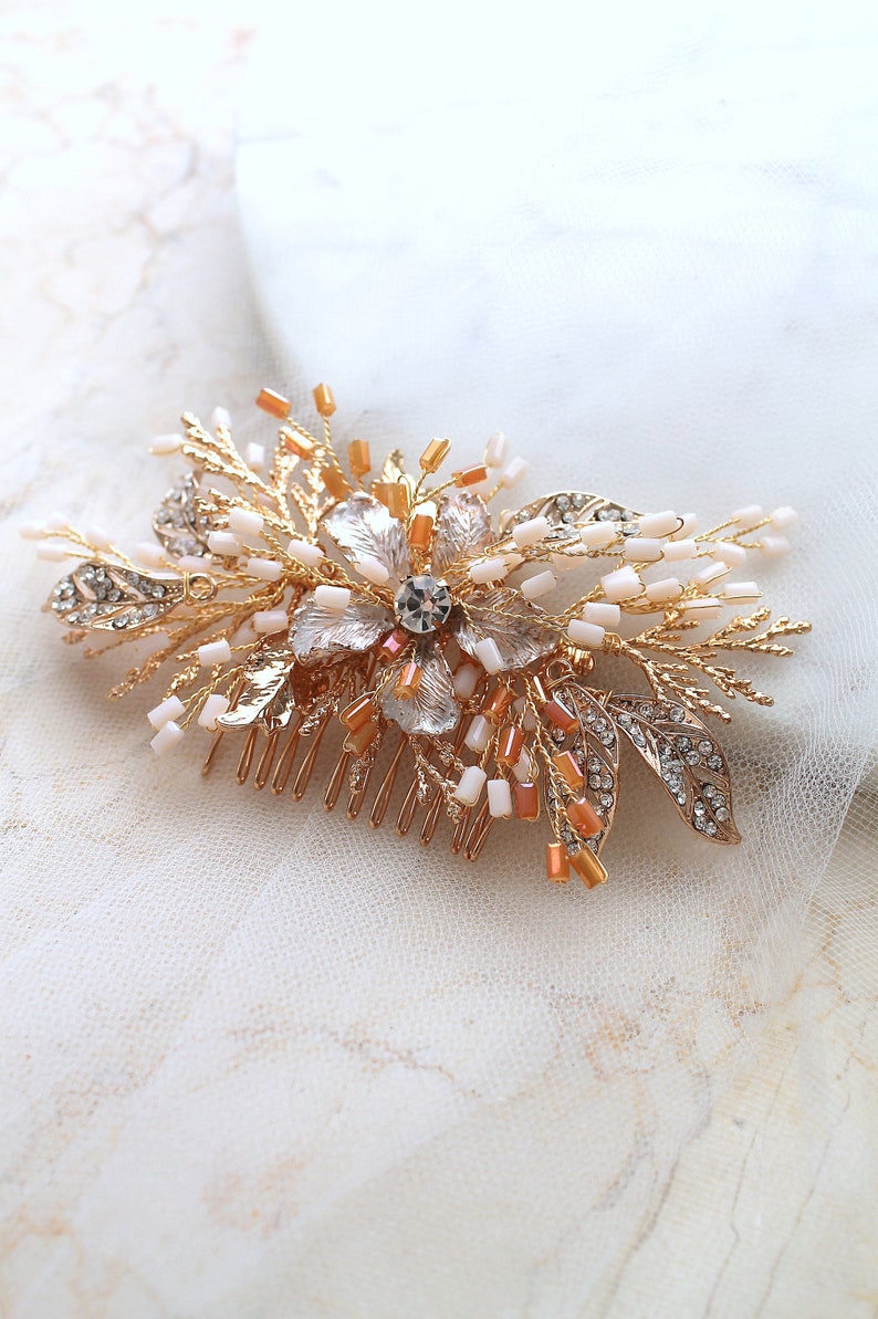 Glamorous Gold Bridal Hair Comb. Rustic Wedding Headpiece, Tiara, Crown. Crystal Diamante Flower Hair Piece. Bride Hair Jewelry. SIENNA image 2