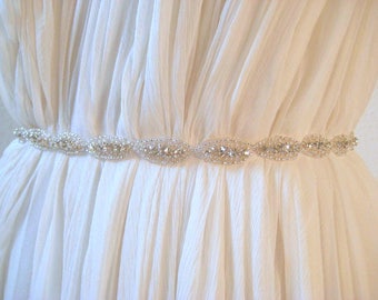 Bridal Silver Oval Crystal Sash. Beaded Rhinestone Ribbon Wedding Dress Belt. Bridesmaid Sash. Thin Slim All Around Plus Size Belt. CLAIRE