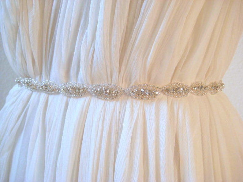Bridal Silver Oval Crystal Sash. Beaded Rhinestone Ribbon Wedding Dress Belt. Bridesmaid Sash. Thin Slim All Around Plus Size Belt. CLAIRE image 1