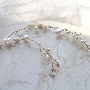 Bridal Freshwater Pearl Hair Vine. Gold or Silver Delicate Wedding Leaf Wreath, Halo. Minimalist Bride Headpiece, Tiara Crown Headband. JUNE image 5