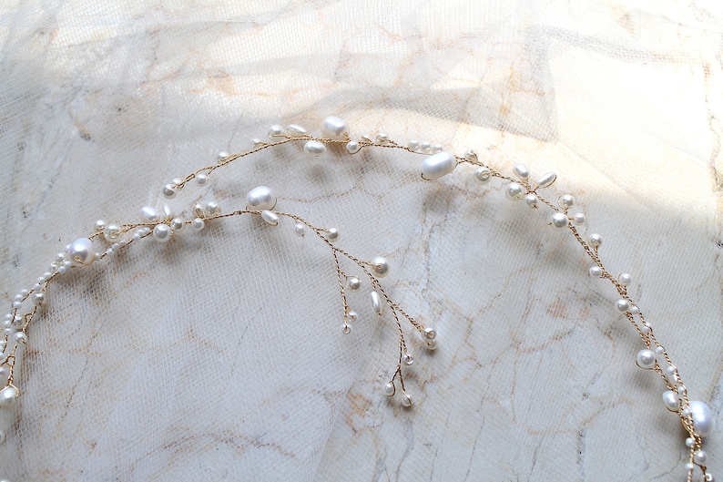 Bridal Freshwater Pearl Hair Vine. Gold or Silver Delicate Wedding Leaf Wreath, Halo. Minimalist Bride Headpiece, Tiara Crown Headband. JUNE image 5