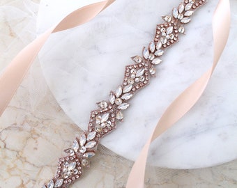 Luxury Opal Rose gold Embroidered All Around Bridal Belt. Rhinestone Pearl Thin Wedding Dress Sash. Crystal Applique Trim. EVA ROSE OPAL